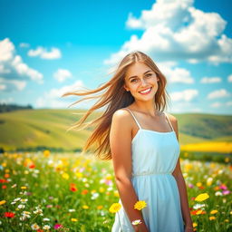 A vibrant and lively portrait of a young woman with flowing brown hair, bright green eyes, and a warm smile, dressed in a casual yet stylish white sundress
