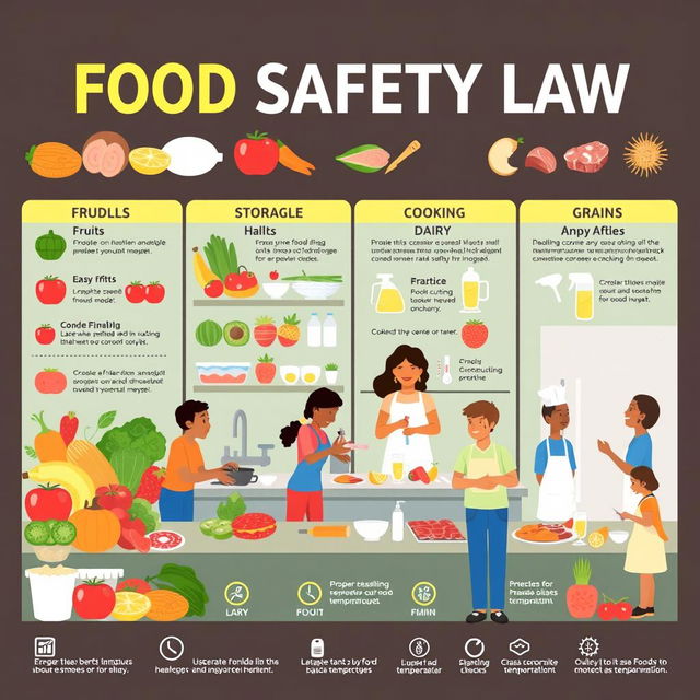 A visually engaging food safety law poster, featuring a variety of food items such as fruits, vegetables, meat, dairy, and grains