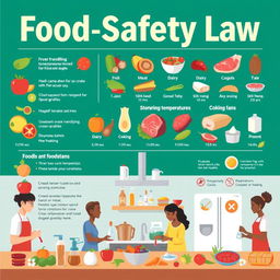 A visually engaging food safety law poster, featuring a variety of food items such as fruits, vegetables, meat, dairy, and grains