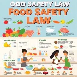 A visually engaging food safety law poster, featuring a variety of food items such as fruits, vegetables, meat, dairy, and grains
