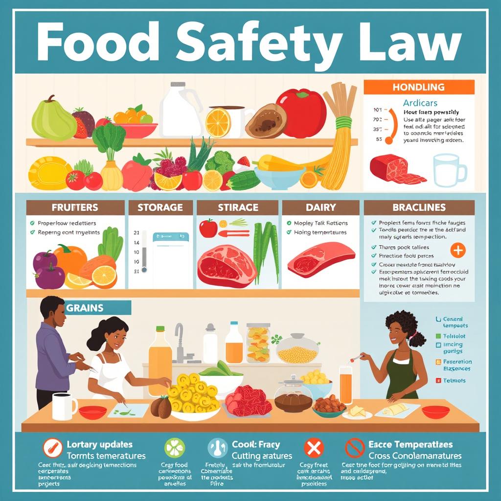 A visually engaging food safety law poster, featuring a variety of food items such as fruits, vegetables, meat, dairy, and grains