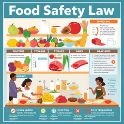 A visually engaging food safety law poster, featuring a variety of food items such as fruits, vegetables, meat, dairy, and grains