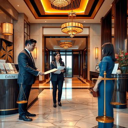 An artistic representation of the intersection of hospitality and law, showcasing a luxurious hotel lobby with a warm and welcoming ambiance