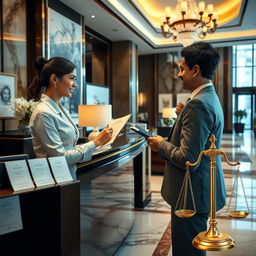 An artistic representation of the intersection of hospitality and law, showcasing a luxurious hotel lobby with a warm and welcoming ambiance