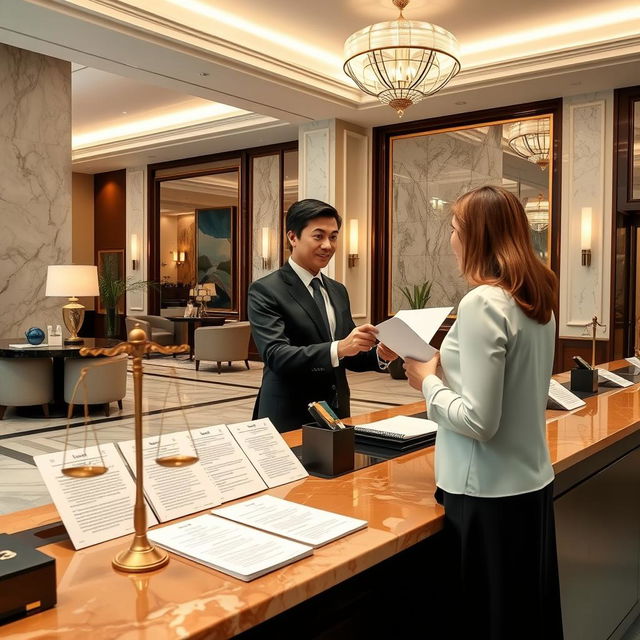 An artistic representation of the intersection of hospitality and law, showcasing a luxurious hotel lobby with a warm and welcoming ambiance