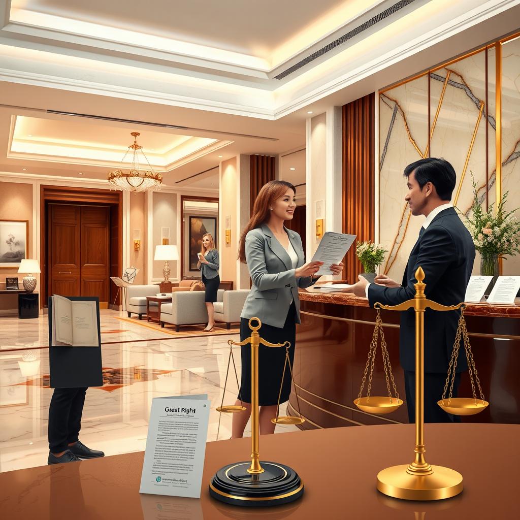 An artistic representation of the intersection of hospitality and law, showcasing a luxurious hotel lobby with a warm and welcoming ambiance