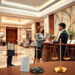 An artistic representation of the intersection of hospitality and law, showcasing a luxurious hotel lobby with a warm and welcoming ambiance