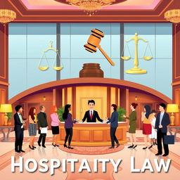 A stylized representation of hospitality law, visually depicting the intersection of service and justice