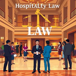 A stylized representation of hospitality law, visually depicting the intersection of service and justice