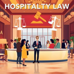 A stylized representation of hospitality law, visually depicting the intersection of service and justice