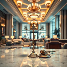 A visually striking depiction of hospitality law, symbolizing the intersection of service and justice