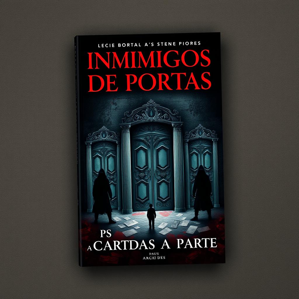 A book cover design for 'Inimigos de Portas Ps Cartas a Parte', featuring a mysterious and dark atmosphere