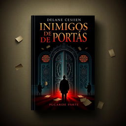 A book cover design for 'Inimigos de Portas Ps Cartas a Parte', featuring a mysterious and dark atmosphere
