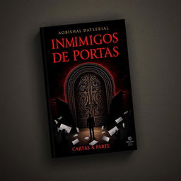 A book cover design for 'Inimigos de Portas Ps Cartas a Parte', featuring a mysterious and dark atmosphere