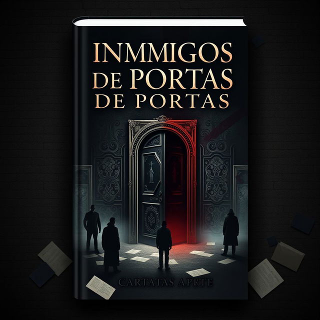 A book cover design for 'Inimigos de Portas Ps Cartas a Parte', featuring a mysterious and dark atmosphere