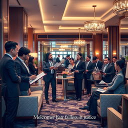 An elegant and informative scene depicting the intersection of hospitality and law, with a warm atmosphere in a stylish hotel lobby