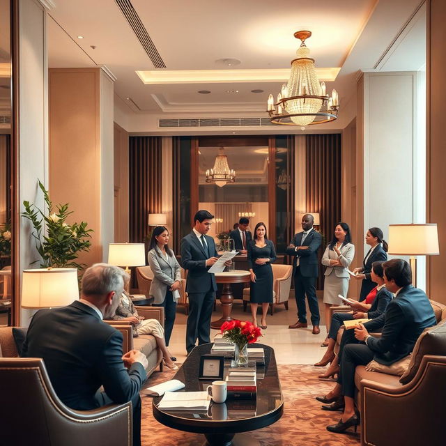 An elegant and informative scene depicting the intersection of hospitality and law, with a warm atmosphere in a stylish hotel lobby