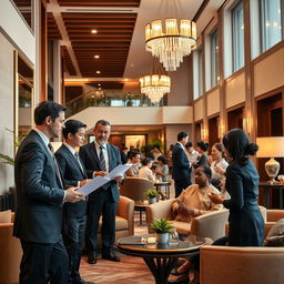 An elegant and informative scene depicting the intersection of hospitality and law, with a warm atmosphere in a stylish hotel lobby