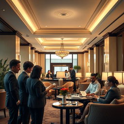 An elegant and informative scene depicting the intersection of hospitality and law, with a warm atmosphere in a stylish hotel lobby