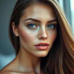 A close-up portrait of a beautiful woman with flawless skin, capturing a serene expression and smooth features