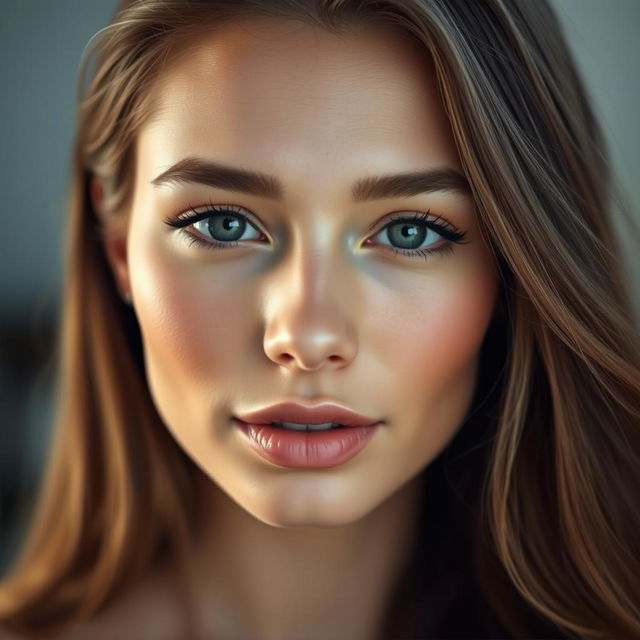 A close-up portrait of a beautiful woman with flawless skin, capturing a serene expression and smooth features