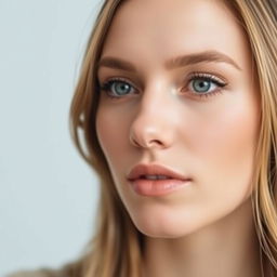 A close-up portrait of a beautiful woman with flawless skin, capturing a serene expression and smooth features