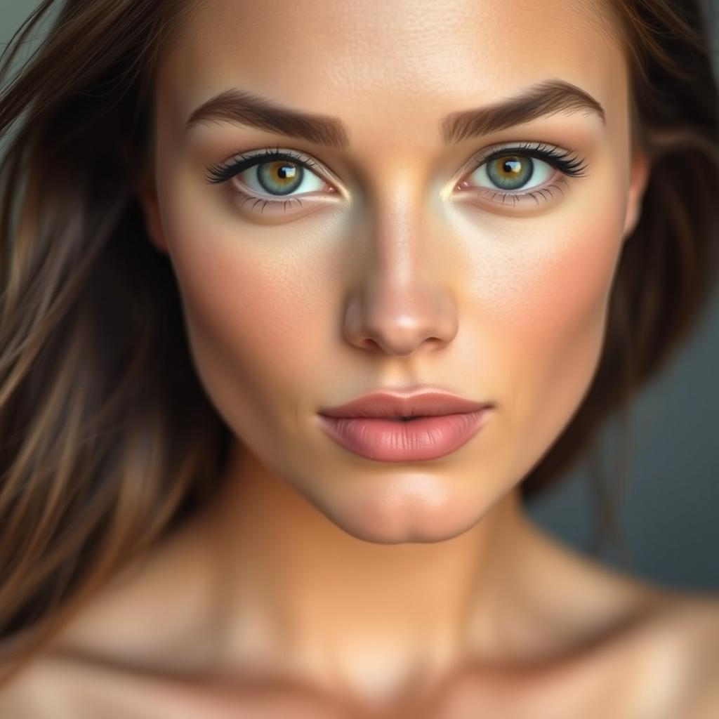 A close-up portrait of a beautiful woman with flawless skin, capturing a serene expression and smooth features