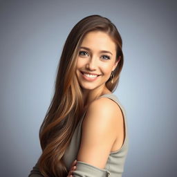A beautiful, high-quality studio portrait of a confident young woman with long flowing hair, wearing a stylish outfit