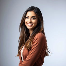 A beautiful, high-quality studio portrait of a confident young woman with long flowing hair, wearing a stylish outfit