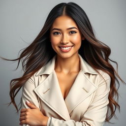 A beautiful, high-quality studio portrait of a confident young woman with long flowing hair, wearing a stylish outfit