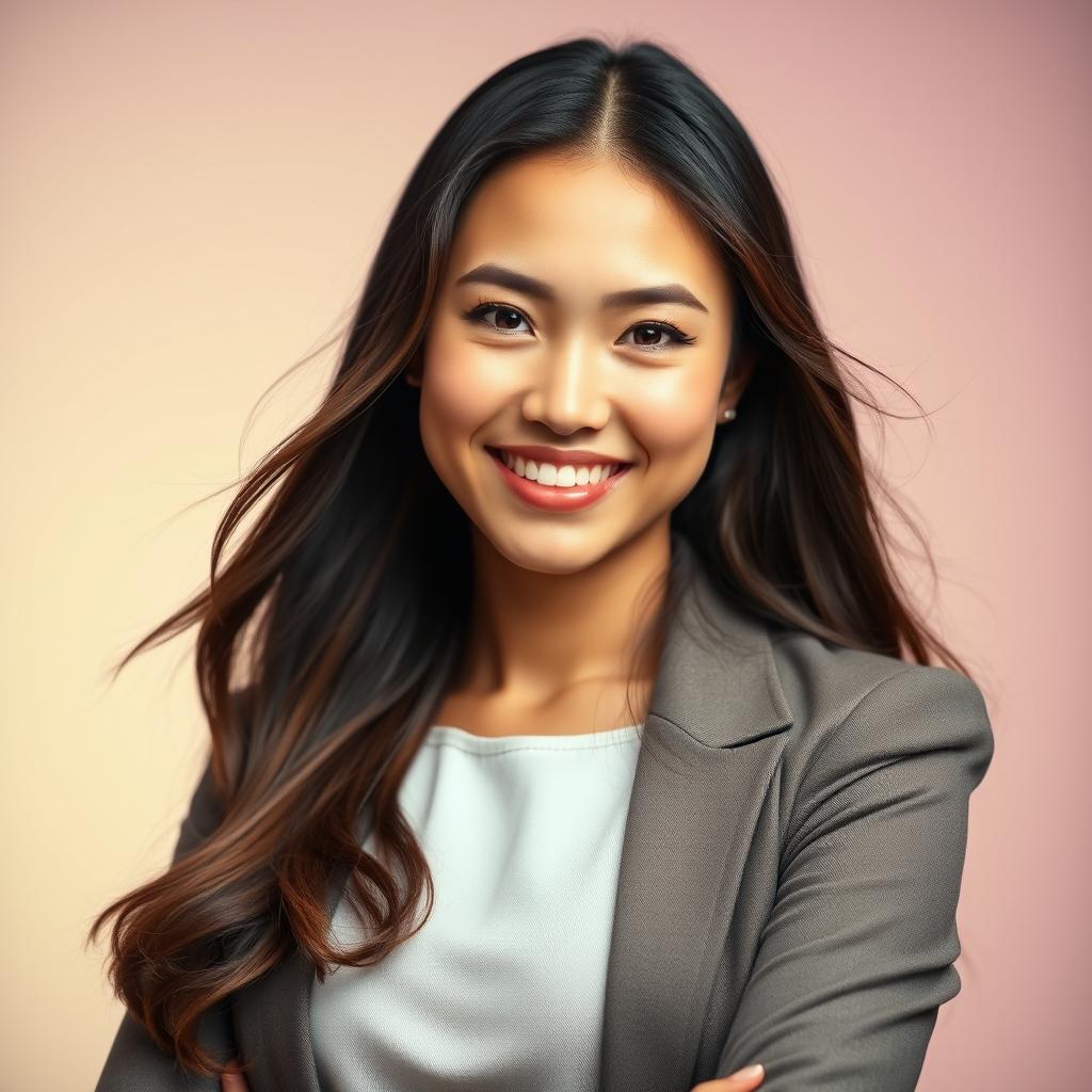 A beautiful, high-quality studio portrait of a confident young woman with long flowing hair, wearing a stylish outfit