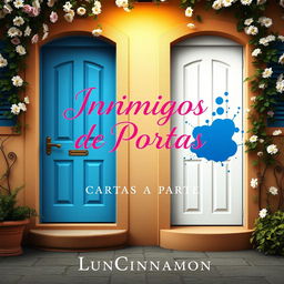 A romantic book cover for 'Inimigos de Portas Ps CARTAS A PARTE' by LunCinnamon, featuring two adjacent doors