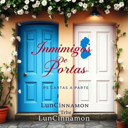 A romantic book cover for 'Inimigos de Portas Ps CARTAS A PARTE' by LunCinnamon, featuring two adjacent doors