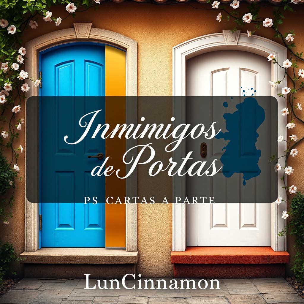 A romantic book cover for 'Inimigos de Portas Ps CARTAS A PARTE' by LunCinnamon, featuring two adjacent doors