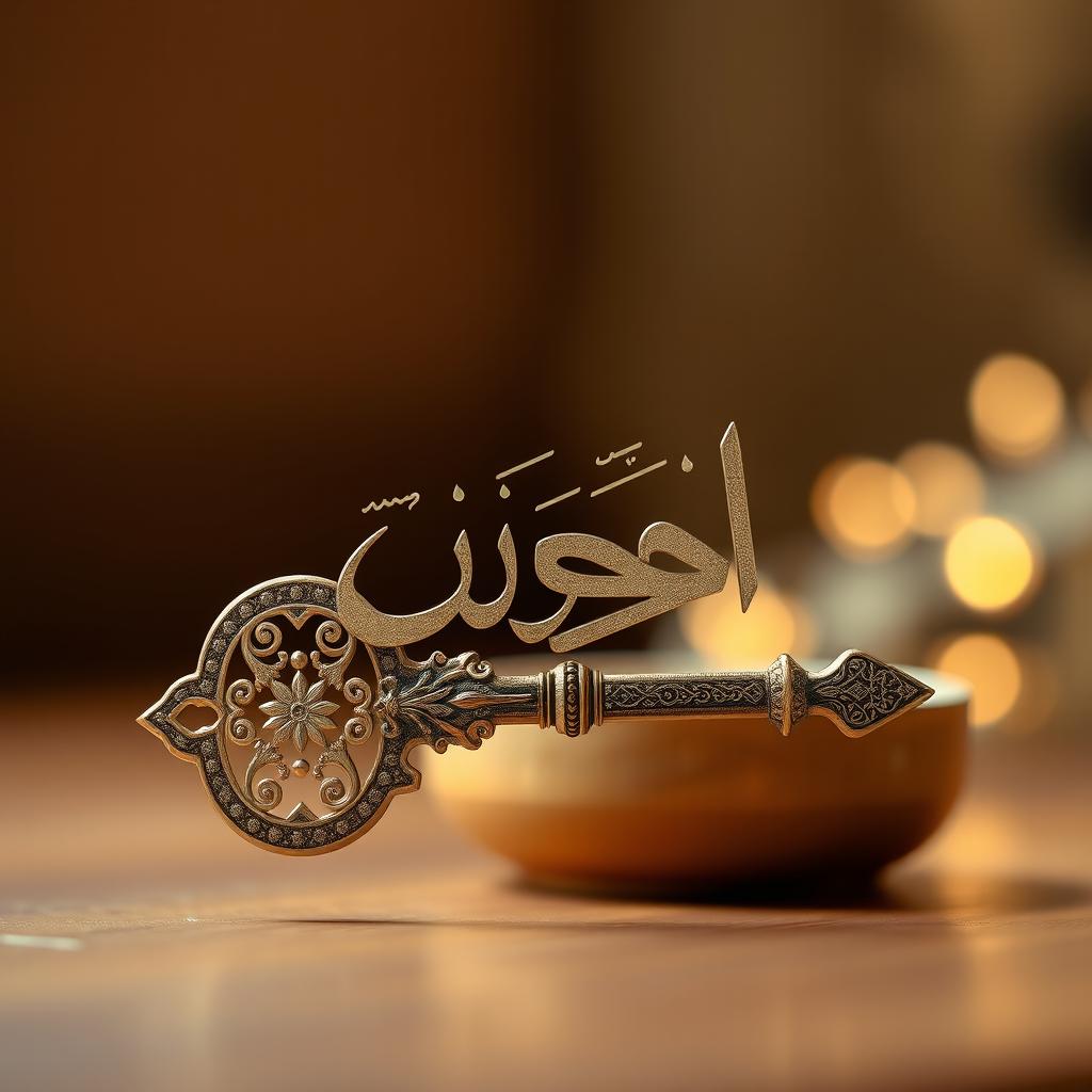 A beautifully designed key in the shape of the word 'الصبر' (patience) in an elegant Arabic script