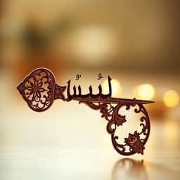 A beautifully designed key in the shape of the word 'الصبر' (patience) in an elegant Arabic script