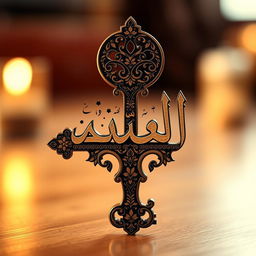 A beautifully designed key in the shape of the word 'الصبر' (patience) in an elegant Arabic script