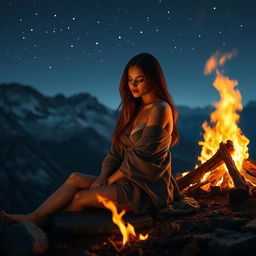 A beautiful woman sitting on a mountainside beside a cozy fireside, wearing half a garment that reveals a tasteful amount of skin