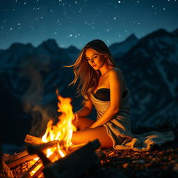 A beautiful woman sitting on a mountainside beside a cozy fireside, wearing half a garment that reveals a tasteful amount of skin