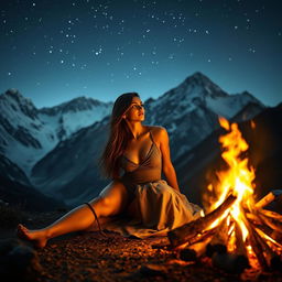 A beautiful woman sitting on a mountainside beside a cozy fireside, wearing half a garment that reveals a tasteful amount of skin