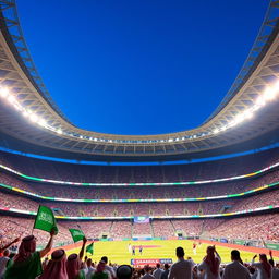 A spectacular image of a grand stadium in Saudi Arabia, showcasing a vibrant atmosphere during a major sporting event