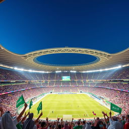 A spectacular image of a grand stadium in Saudi Arabia, showcasing a vibrant atmosphere during a major sporting event