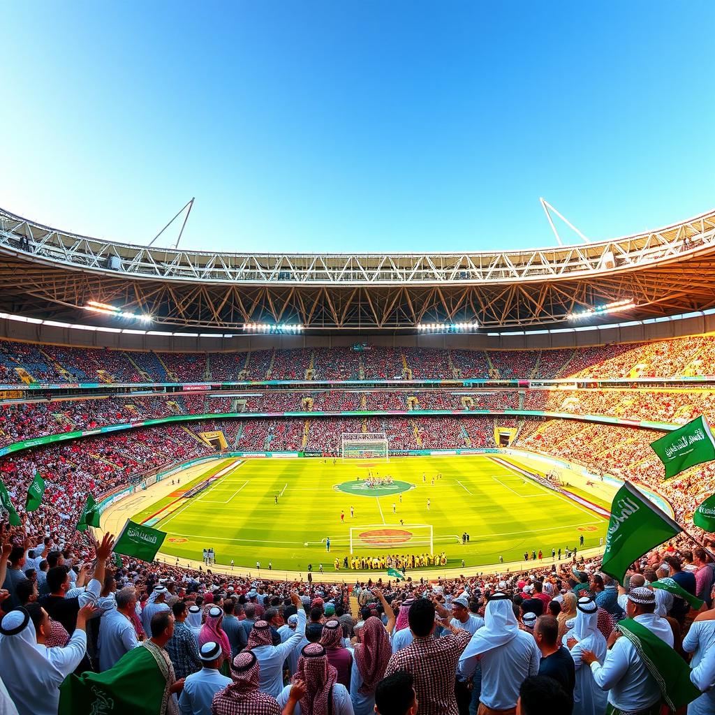 A spectacular image of a grand stadium in Saudi Arabia, showcasing a vibrant atmosphere during a major sporting event