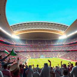 A spectacular image of a grand stadium in Saudi Arabia, showcasing a vibrant atmosphere during a major sporting event