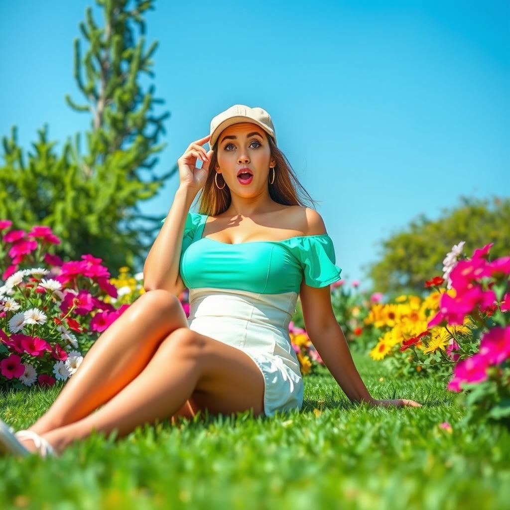 A sexy woman with a surprised expression, wearing a cap, a large bust, and a short dress, sitting on a green lawn