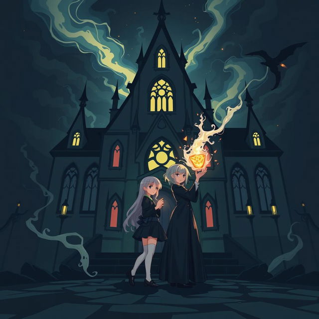 A cover illustration depicting two girls standing in front of a gothic-inspired magical academy