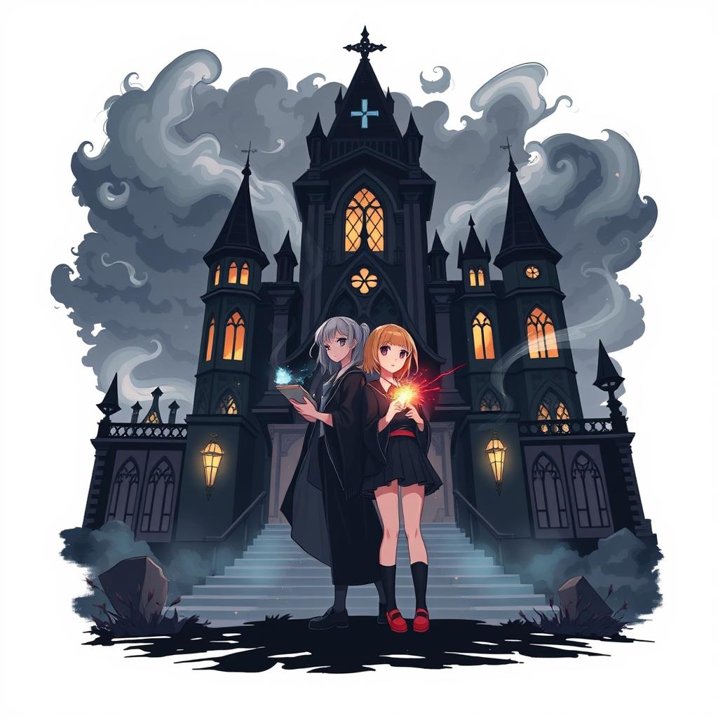 A cover illustration depicting two girls standing in front of a gothic-inspired magical academy