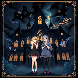 A cover illustration depicting two girls standing in front of a gothic-inspired magical academy