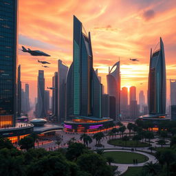 An intricately designed futuristic cityscape at sunset, featuring sleek skyscrapers made of glass and metal, with vibrant neon lights illuminating the streets below