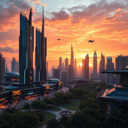 An intricately designed futuristic cityscape at sunset, featuring sleek skyscrapers made of glass and metal, with vibrant neon lights illuminating the streets below